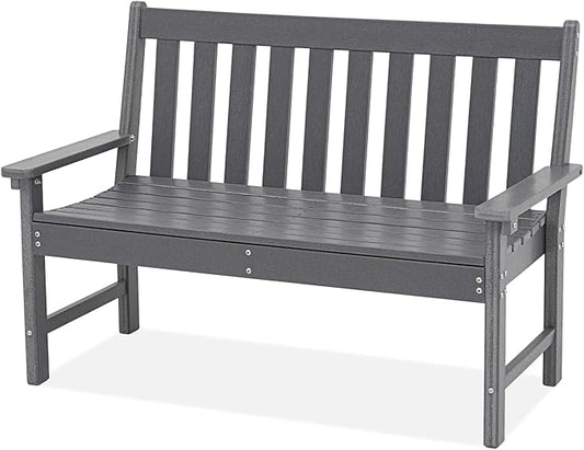 COBANA Outdoor Garden Bench, All Weather HDPE Patio Porch Bench with Faux Wood Grain Pattern, 2-Person Seat for Lawn, Park, Backyard, Entryway, Dark Gray