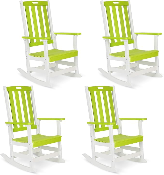 Aoodor Outdoor Rocking Chair, Ergonomic HDPE Rockers with All-Weather Design for Patio or Porch, Clashing Colors, Lemon Green and White,Set of 4