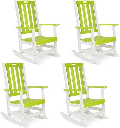 Aoodor Outdoor Rocking Chair, Ergonomic HDPE Rockers with All-Weather Design for Patio or Porch, Clashing Colors, Lemon Green and White,Set of 4