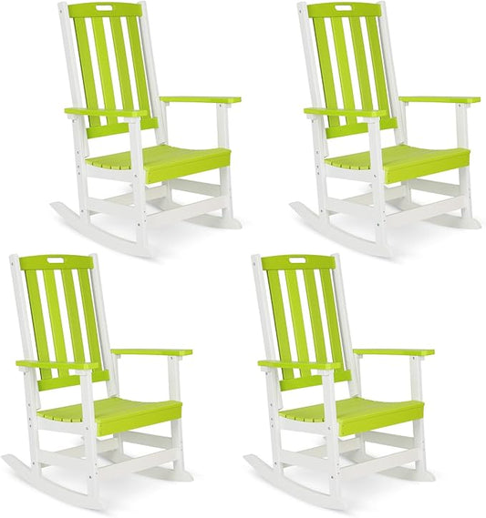 Aoodor Outdoor Rocking Chair, Ergonomic HDPE Rockers with All-Weather Design for Patio or Porch, Clashing Colors, Lemon Green and White,Set of 4