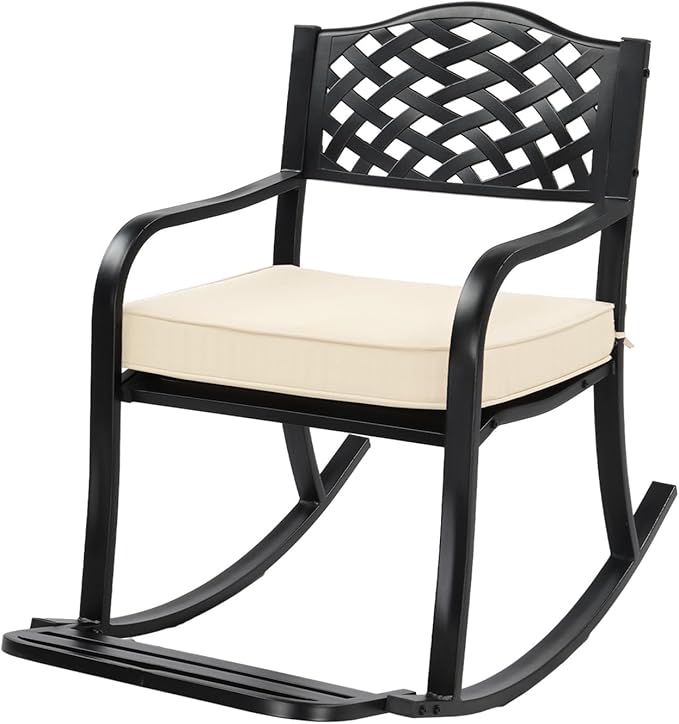 Rocking Chair with Footrest, Outdoor Rocking Bench, Thick Cushion, Reading Accent Chairs Leisure Rocker Armchair for Front Porch, Garden, Backyard, Supports Up to 350 lbs (Black)