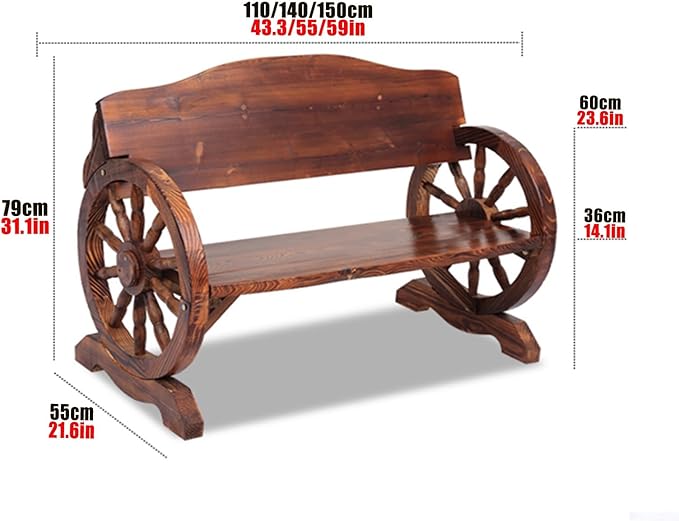 Outdoor Garden Bench, Rustic Wooden Wagon Wheel Bench Wheel Arms, w/Curved Backrest and Wide Armrest, 2-3 People Park Bench, Suitable for Backyard, Patio, Porch(Color:A,Size:55x21.6x31.1in)