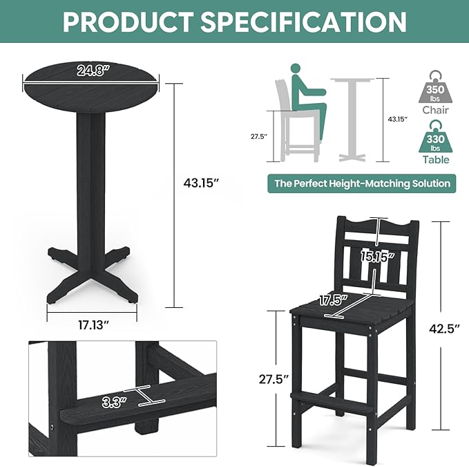 3-Piece Outdoor Bar Set, HDPE Adirondack Bar Height Chairs Set of 2 and Round Bar Table - Photo 3