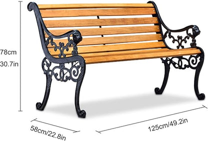 Garden Bench, Cast Iron Metal Frame Patio Park Bench, Wrought Iron Bench with Backrest and Armrests, Patio Bench with Wood Seat, Outside Furniture Decor, for Lawn, Park, Deck(Brown)