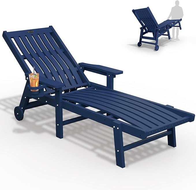 THOEOE Patio Chaise Lounge Chair, Oversized Lounge Chair Outdoor with 5 Positions, HDPE, Patio Lounge Chair with Wheels & Cup Holder for Pool, Deck, Poolside,Navy Blue