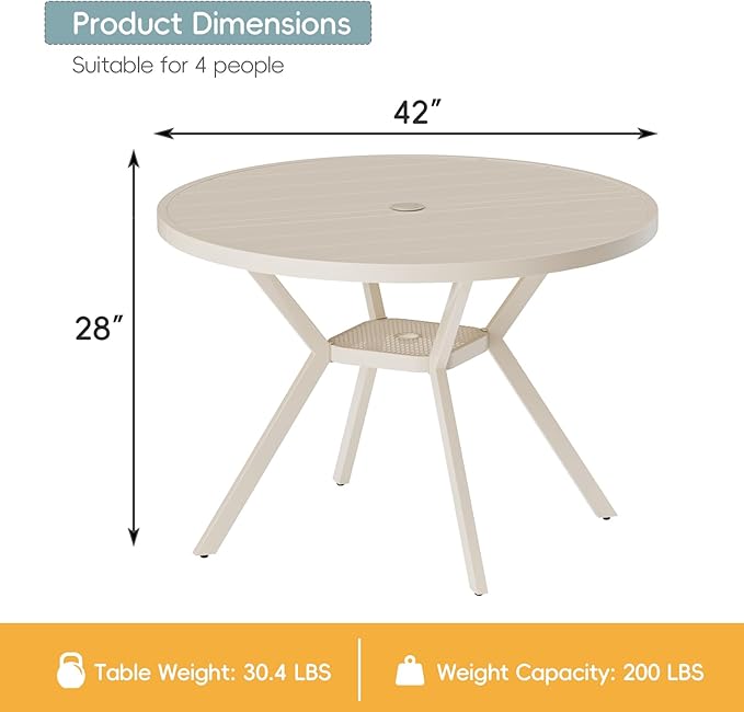42" Outdoor Patio Table Dining Table, All Weather Metal Round Patio Table with Adjustable Umbrella Hole - Photo 3
