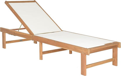 SAFAVIEH Outdoor Collection Manteca Brown Solid Wood/White Texline Fabric Adjustable Chaise Lounge Chair (PAT6708A)
