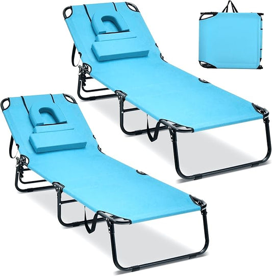 GYMAX Tanning Chair, 330lbs Beach Lounge Chair with Face Hole, Washable Pillow & Carry Strap, Adjustable Folding Chaise Lounge, Layout Lounger for Outside, Patio, Poolside, Lawn (2, Arctic)