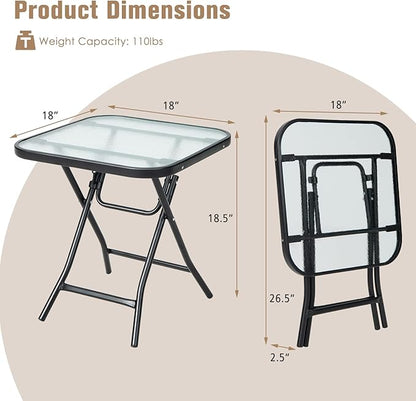 Tangkula Patio Bistro Table, 18" Square Glass Top Side Table with Rustproof Frame, Folding Coffee Table for Patio, Balcony, Backyard, Poolside(Black)