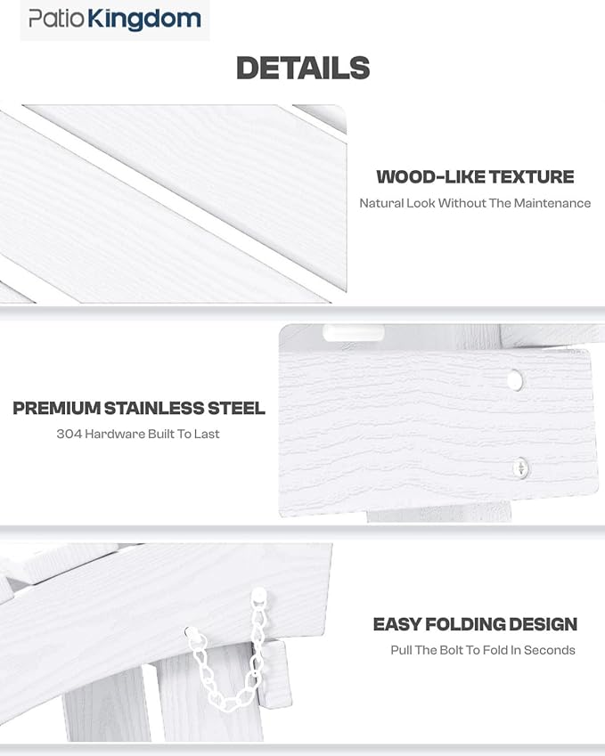 White 6-Piece Folding Adirondack Chair Set with Cup Holders, Ottomans, Side Table & Beige 9FT Patio Umbrella with Base - Photo 9