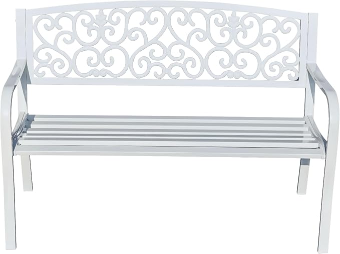 Hi-Line Gift Ltd. Harmony in White- Steel and Cast Iron Garden Bench for Outdoor Serenity