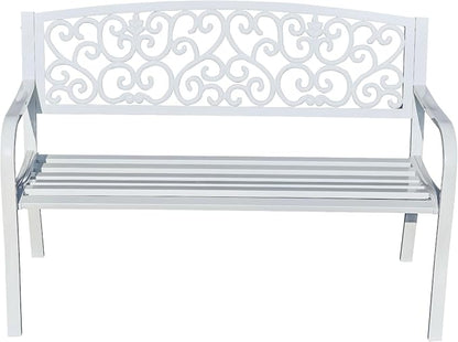 Hi-Line Gift Ltd. Harmony in White- Steel and Cast Iron Garden Bench for Outdoor Serenity