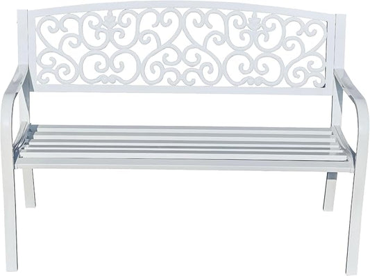 Hi-Line Gift Ltd. Harmony in White- Steel and Cast Iron Garden Bench for Outdoor Serenity