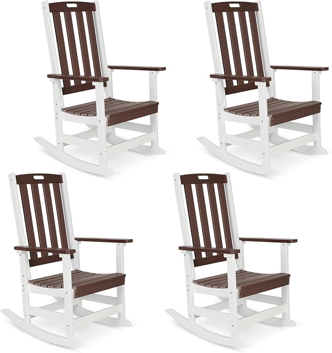 Aoodor Outdoor Rocking Chair, Ergonomic HDPE Rockers with All-Weather Design for Patio or Porch, Clashing Colors, Brown and White,Set of 4