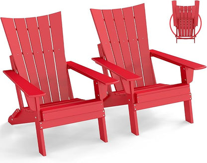GREENVINES Folding-Adirondack-Chairs-Set-of-2 | HDPE Plastic | Arch Series | Fire Pit Chair | All Weather | for Outdoor Patio Deck Backyard Poolside | Red