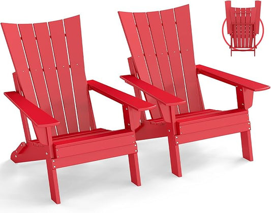 GREENVINES Folding-Adirondack-Chairs-Set-of-2 | HDPE Plastic | Arch Series | Fire Pit Chair | All Weather | for Outdoor Patio Deck Backyard Poolside | Red