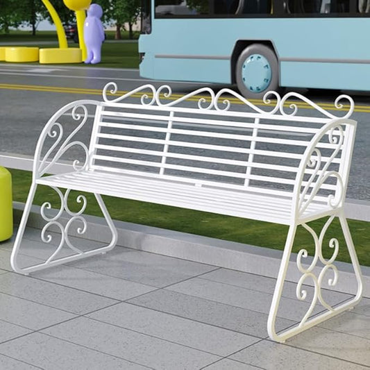 Elegant Metal Garden Bench, Sturdy Wrought Iron Bench with Decorative Design, Weather-Proof, 2-Person Capacity for Garden Backyard Lawn Porch Path(White)