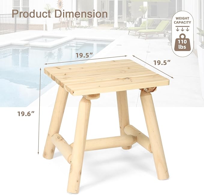 Outdoor Adirondack Log Side Table, 19.5" Thick Wooden Patio Square End Table with Slatted Tabletop, Solid Wood Rustic Accent Table for Indoor & Garden Deck Porch Balcony Backyard, Natural