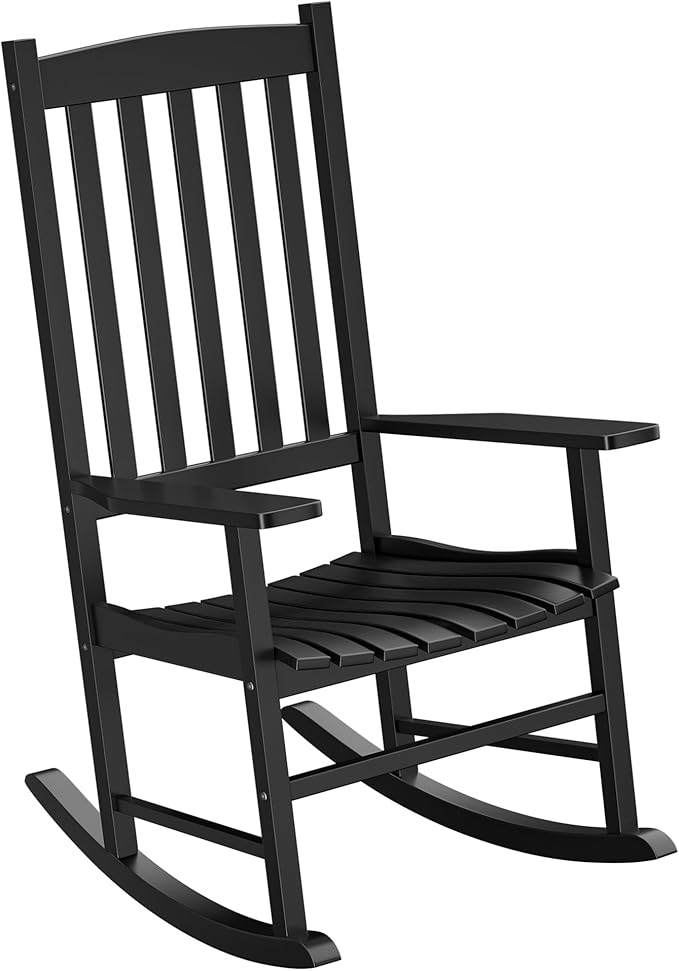 Nouva All-Weather Patio Rocking Chair, Solid Wood High Back Outdoor Porch Rocker Lounge Camping Chair for Porch Patio Fire Pit Garden Backyard Deck Poolside Lawn