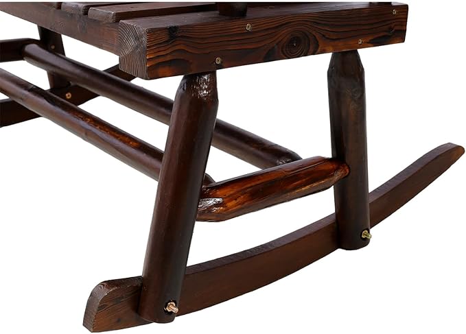 Outdoor Wood Rocking Bench Carbonized Double Rocking, Chair for 2 Persons with Wide Curved Seat, Porch Rocker for Porch, Garden, Backyard, Rustic