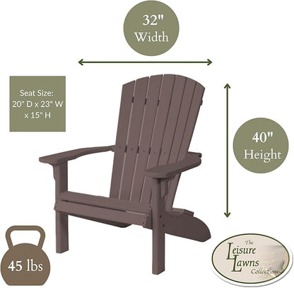 Leisure Lawns Poly Plastic Fanback Adirondack Chair, Outdoor Patio Chair - Amish Made in USA (Brown)