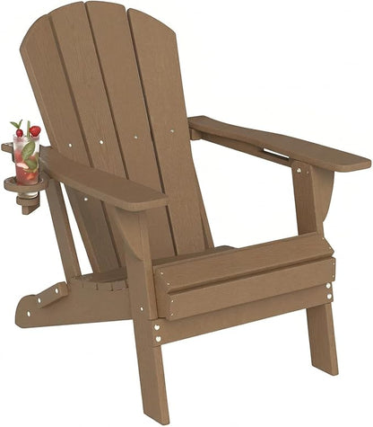 Kingdura Foldable Adirondack Chair, Portable HDPE All Weather Resistant Outdoor Patio Chair, Wooden Textured with Cup Holder, 380LBS Capacity for Poolside, Backyard, Deck, Fire Pit (Brown)