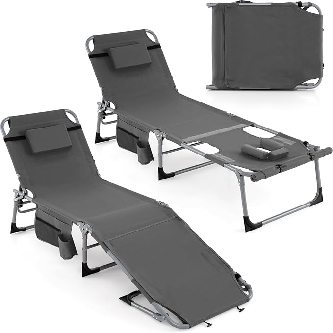 Giantex Set of 2 Tanning Chair, 5-Position Adjustable Beach Chair with Face & Arm Hole, Hand/Shoulder Strap, Removable Pillow, Side Pocket, Load 330 Lbs, Sunbathing Chairs, Lounge Chairs Outdoor, Grey
