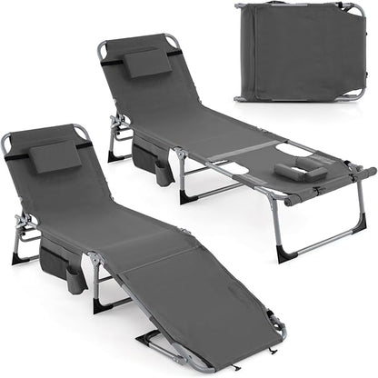 Giantex Set of 2 Tanning Chair, 5-Position Adjustable Beach Chair with Face & Arm Hole, Hand/Shoulder Strap, Removable Pillow, Side Pocket, Load 330 Lbs, Sunbathing Chairs, Lounge Chairs Outdoor, Grey