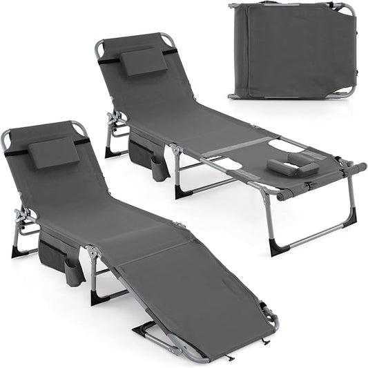 Giantex Set of 2 Tanning Chair, 5-Position Adjustable Beach Chair with Face & Arm Hole, Hand/Shoulder Strap, Removable Pillow, Side Pocket, Load 330 Lbs, Sunbathing Chairs, Lounge Chairs Outdoor, Grey