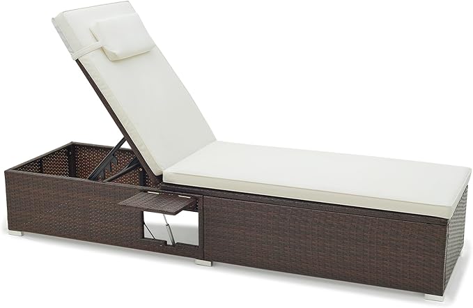 Tangkula Patio Chaise Lounge, Outdoor Rattan Lounge Chair w/ 6-Level Backrest, Comfy Seat Cushion & Headrest, Sturdy Metal Frame, Outside Reclining Chair for Backyard, Poolside (1, Off White)