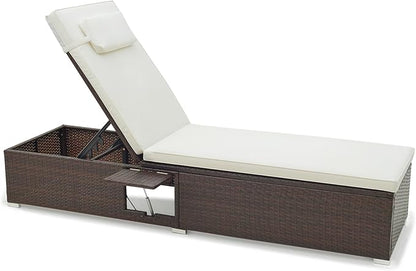Tangkula Patio Chaise Lounge, Outdoor Rattan Lounge Chair w/ 6-Level Backrest, Comfy Seat Cushion & Headrest, Sturdy Metal Frame, Outside Reclining Chair for Backyard, Poolside (1, Off White)