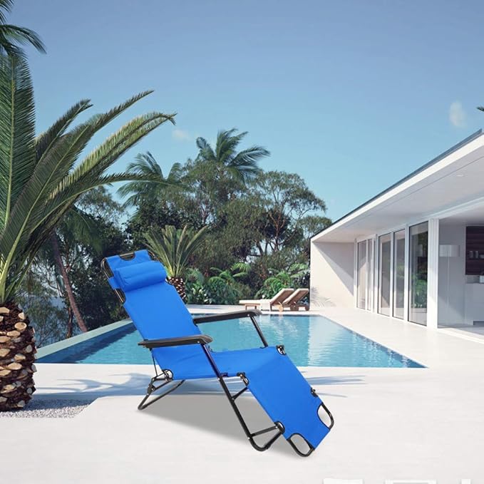 Outdoor Folding Chaise Lounge Chair, Patio Sun Lounger Reclining Beach Chair Sun Patio Pool Lawn Recliner Chair (Blue)
