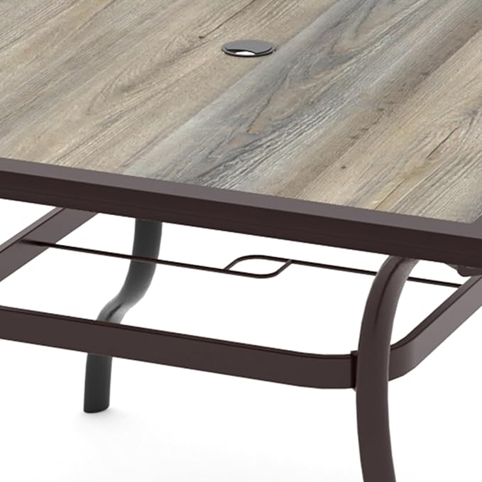 Outdoor Dining Table with Square Wooden-Like PVC Table Top and Umbrella Hole for Bistro, Garden, Poolside, Backyard -Laminated Top Brown Metal Steel Frame