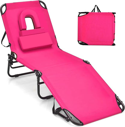 GYMAX Tanning Chair, 330lbs Beach Lounge Chair with Face Hole, Washable Pillow & Carry Strap, Adjustable Folding Chaise Lounge, Layout Chair for Outside, Patio, Poolside, Lawn (1, Pink)