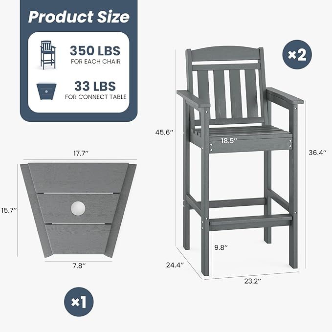 Soohow Tall Adirondack Chairs Set of 2, HDPE Adirondack Bar Stools with Connecting Tray, Bar Height Adirondack Chair Patio Barstool, Ideal All Weather Tall Patio Chair for Balcony, Poolside, Backyard