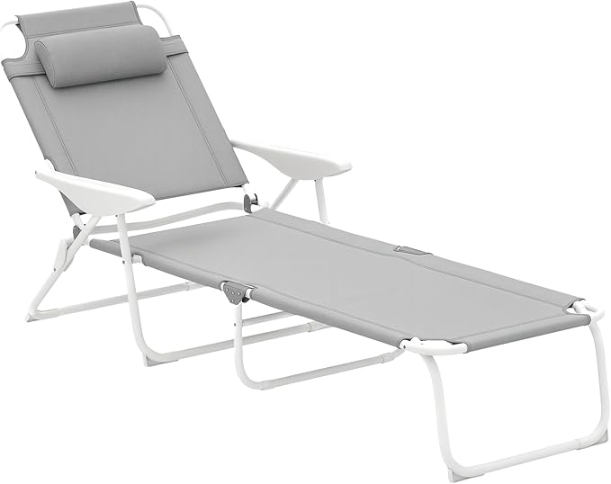 Outsunny Folding Lounge Chair, Portable Outdoor Chaise Lounge, Sun Tanning Chair with 4-Position Reclining Back, Armrests, Metal Frame and Mesh Fabric for Beach, Yard, Patio, Gray