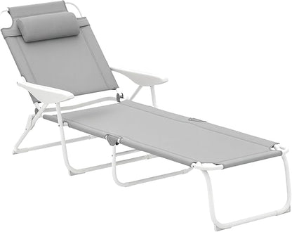Outsunny Folding Lounge Chair, Portable Outdoor Chaise Lounge, Sun Tanning Chair with 4-Position Reclining Back, Armrests, Metal Frame and Mesh Fabric for Beach, Yard, Patio, Gray