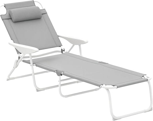 Outsunny Folding Lounge Chair, Portable Outdoor Chaise Lounge, Sun Tanning Chair with 4-Position Reclining Back, Armrests, Metal Frame and Mesh Fabric for Beach, Yard, Patio, Gray