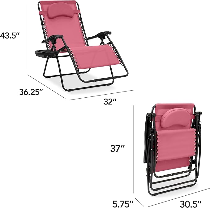 Best Choice Products Oversized Zero Gravity Chair, Folding Outdoor Patio Lounge Recliner w/Cup Holder Accessory Tray, Pillow - Pink