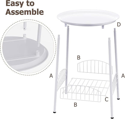 Small Outdoor Side Table, 2-Tier Round Metal Patio Table, Accent Table Waterproof, Weather Resistant End Table for Yard Porch Pool Balcony Garden Bedside (White)