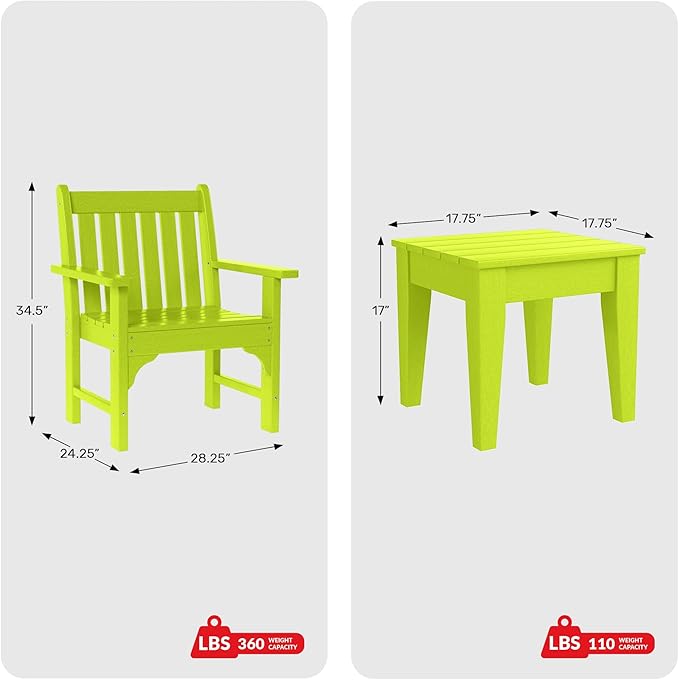 Costaelm Outdoor Patio Table and Chairs Set of 2, 2-Piece HDPE Garden Chair with Square Adirondack Side Table Set, Porch Chairs Coffee Table for Outside Porch Backyard, Lime