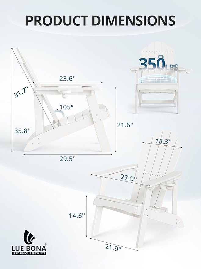 LUE BONA HDPE Adirondack Chair Set of 1 - Weather Resistant Outdoor Seating with Cup Holder for Porch, Poolside - Photo 3