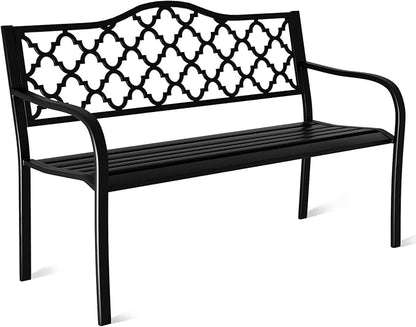 Metal Bench Patio Bench, Outdoor Benches Weatherproof with Floral Backrest, Wrought Iron Garden Benches for Outdoors, Patio, Garden, Park