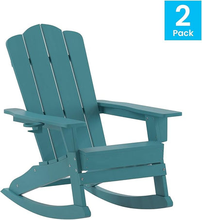 Flash Furniture Newport Adirondack Rocking Chairs with Cup Holder, Weather Resistant Poly Resin Adirondack Rocking Chairs, Set of 2, Blue