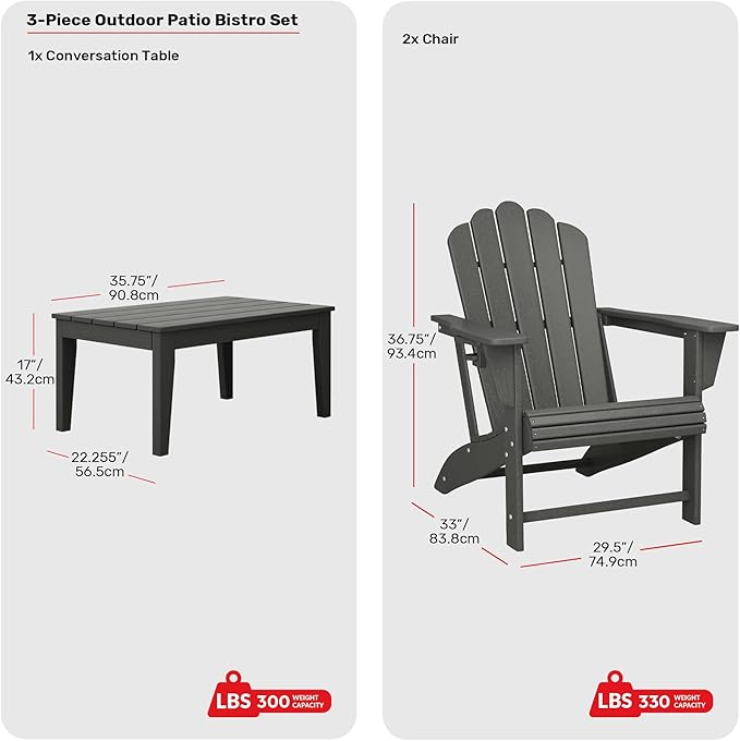 Costaelm Lakeview 3-Piece Adirondack Chairs with Cup Holders and Coffee Table Set, Gray