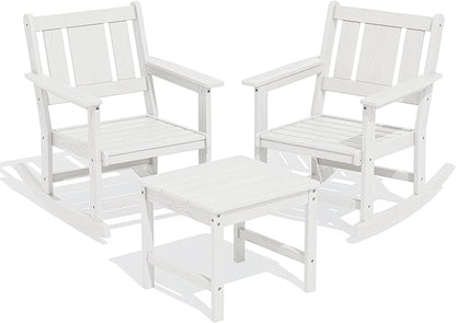 SERWALL Outdoor Rocking Chairs Set of 2 with Side Table, All-Weather HDPE 3 Piece Patio Furniture Set, Patio Bistro Set with Umbrella Hole for Porch Deck Lawn Balcony, White