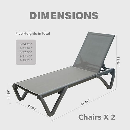 Outdoor Lounge Chairs Set of 2, Aluminum Pool Lounge Chairs with 5 Adjustable Backrest and Side Table, Full Flat Patio Lounge Chair for Sunbathing & Tanning, Poolside, Patio, Beach -Grey