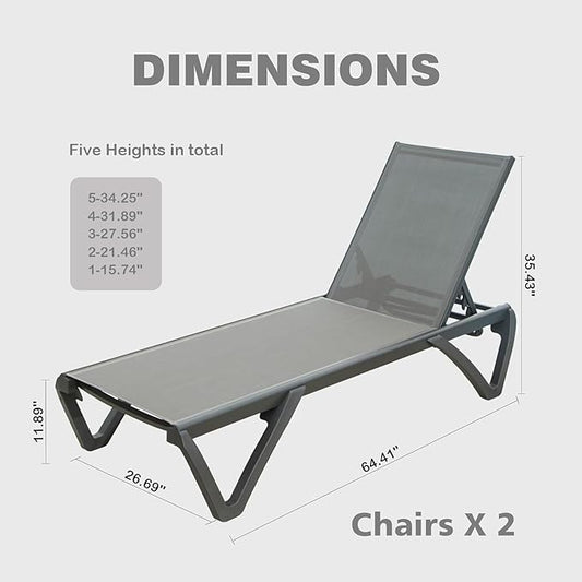 Outdoor Lounge Chairs Set of 2, Aluminum Pool Lounge Chairs with 5 Adjustable Backrest and Side Table, Full Flat Patio Lounge Chair for Sunbathing & Tanning, Poolside, Patio, Beach -Grey