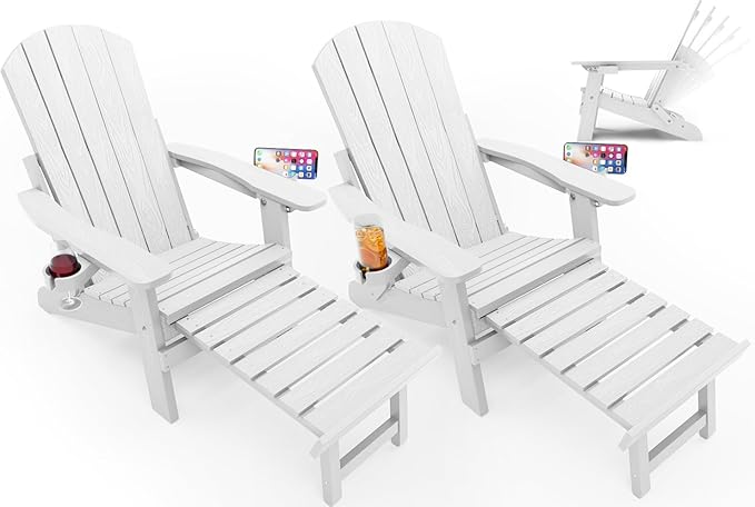 YEFU Adirondack Chair with Retractable Ottoman: Folding Adirondack Chairs Set of 2-5-Level Adjustable Backrest with Footrest - Fire Pit Chairs - 2 Cup Holder - Outdoor Plastic Chair for Patio(White)