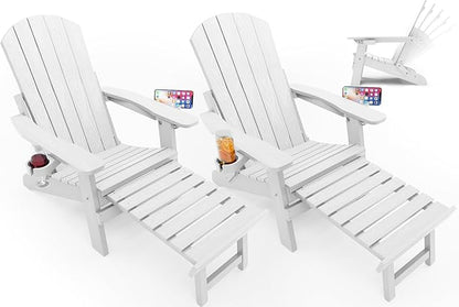YEFU Adirondack Chair with Retractable Ottoman: Folding Adirondack Chairs Set of 2-5-Level Adjustable Backrest with Footrest - Fire Pit Chairs - 2 Cup Holder - Outdoor Plastic Chair for Patio(White)